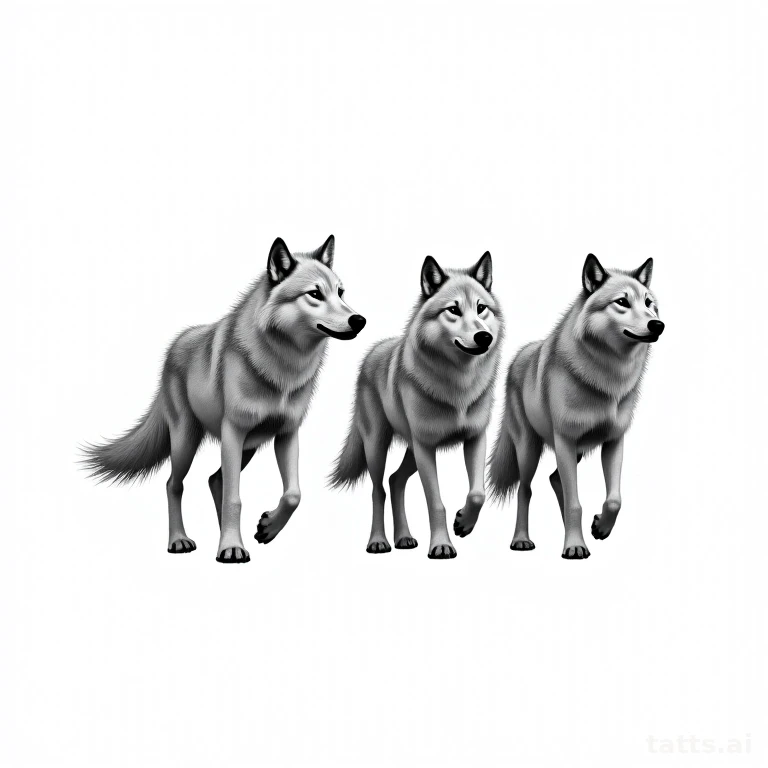 Tattoo design: Pack of three wolves walking in formation, illustrative fine-line style, clean g