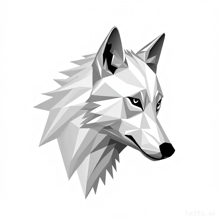 Tattoo design: Geometric wolf head built from angular faceted polygons, clean black linework tr