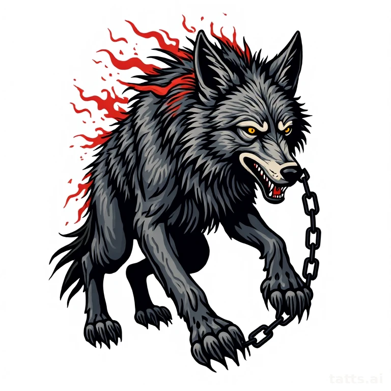 Tattoo design: Norse Fenrir wolf breaking chains, neo-traditional bold color treatment, isolate