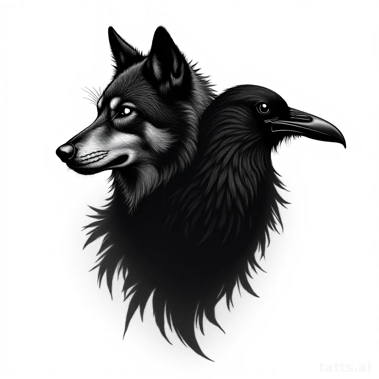 Tattoo design: Wolf and raven paired composition, dark illustrative style, clean monochrome tre