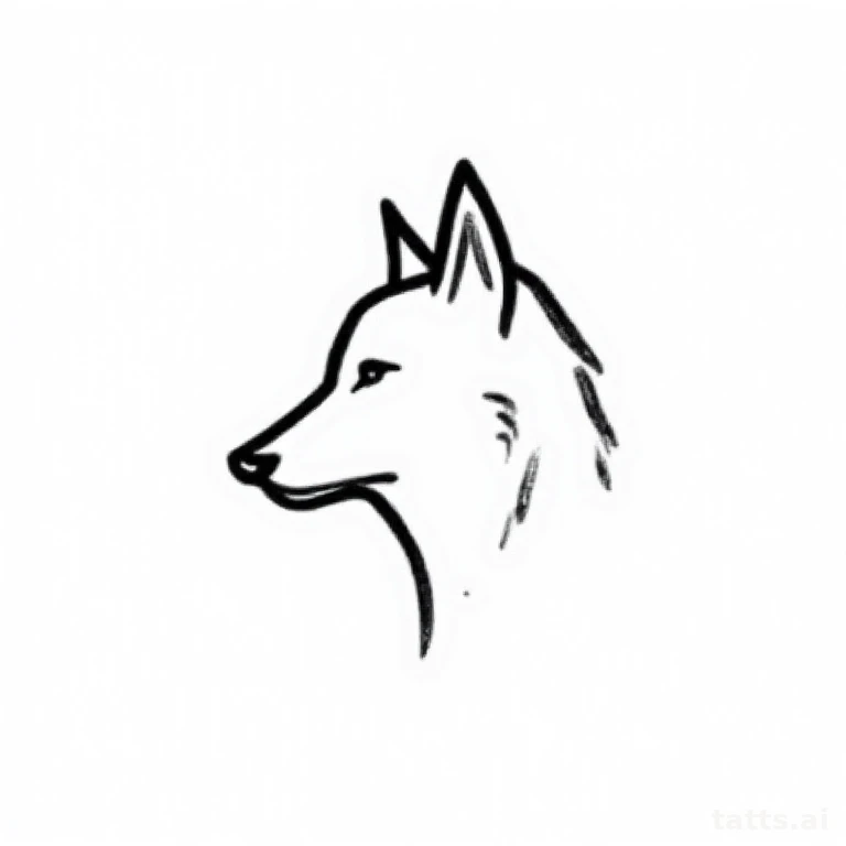 Tattoo design: Minimalist single-line wolf head profile, delicate continuous line, clean black 
