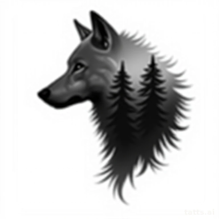 Tattoo design: Wolf transforming into mountain silhouette, double-exposure style design, clean 