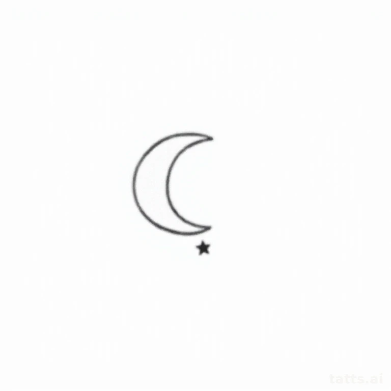 Tattoo design: small crescent moon and star tattoo design, minimalist single-line style, clean 